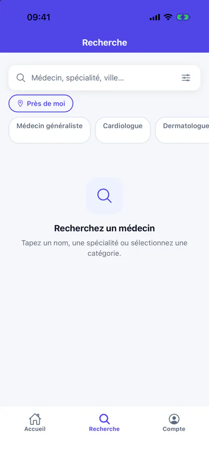 Capture d'écran de l'app iPhone d'Atlasya : la recherche d'un médecin par nom, spécialité ou ville