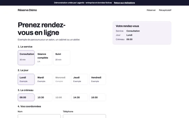 Capture de la démonstration de plateforme de réservation