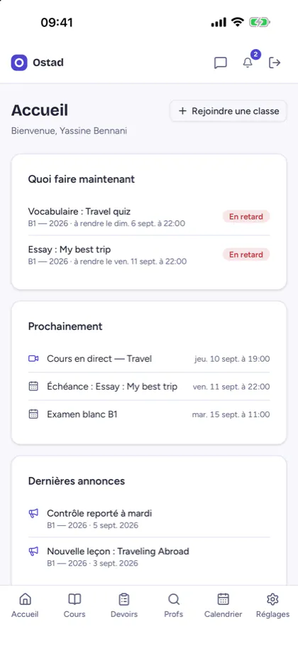 Capture d'écran de l'accueil d'un élève dans Ostad : quoi faire maintenant, prochaines échéances, dernières annonces