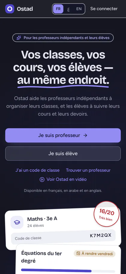 Capture d'écran de la page d'accueil publique d'Ostad sur téléphone : « Vos classes, vos cours, vos élèves — au même endroit »