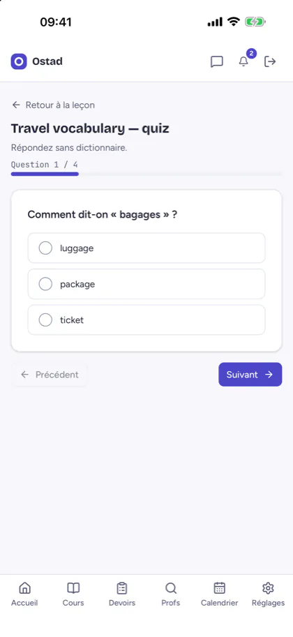 Capture d'écran d'Ostad sur téléphone : un exercice à choix multiple