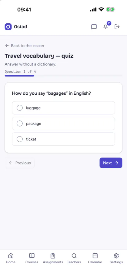 Screenshot of Ostad on a phone: a multiple-choice exercise