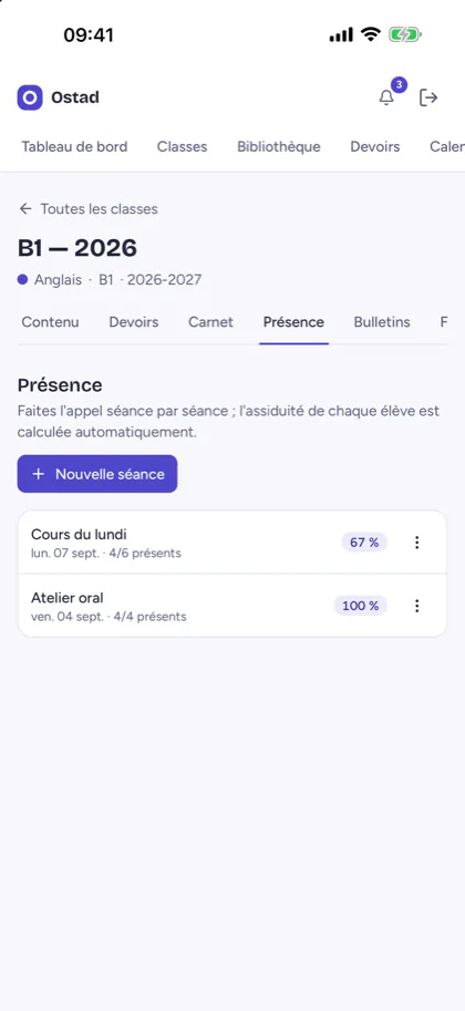 Capture d'écran de la feuille d'appel d'une classe dans Ostad, avec le taux de présence de chaque séance